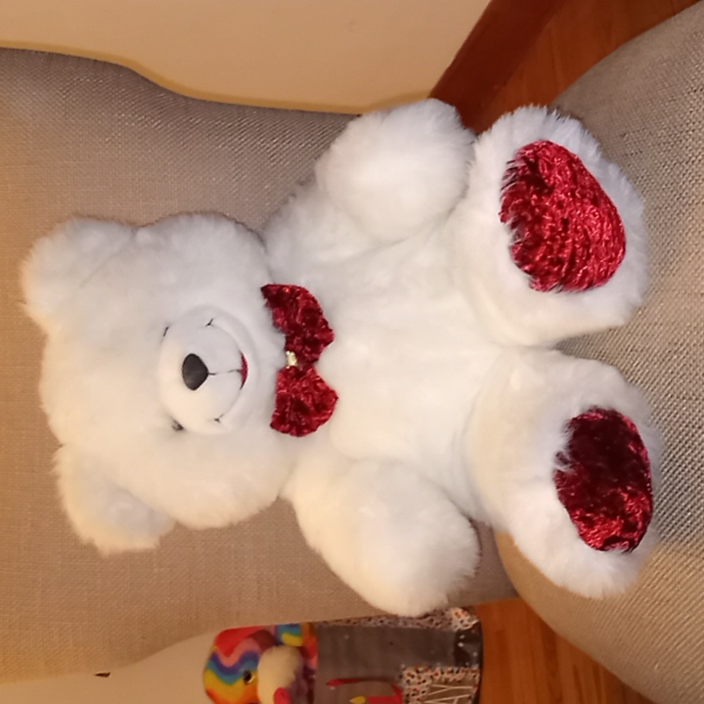 Valentine's Day Large Fluffy White Teddy Bear Velvet Bow Plush Stuffed A…